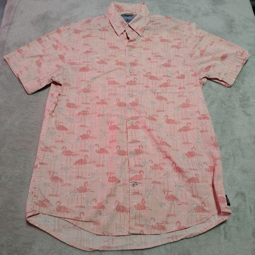 IZOD Saltwater Shirt Men M Pink‎ Pelican Island Vacation Relaxed Short Sleeve